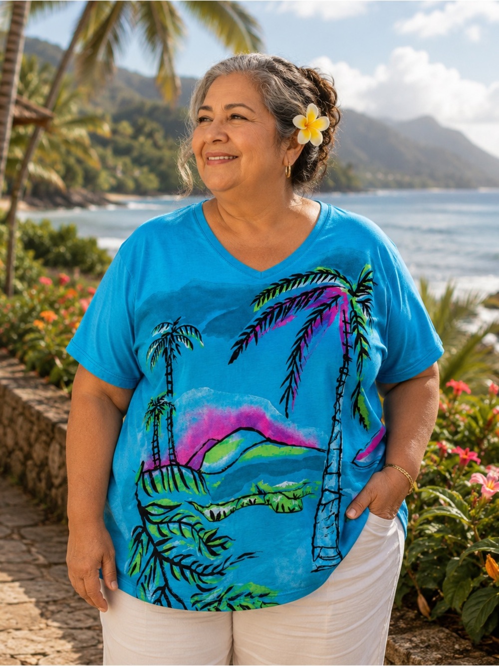 Liz & Me Tropical Palm Tree Island v neck T Shirt 3X Plus Aqua Beach USA Made